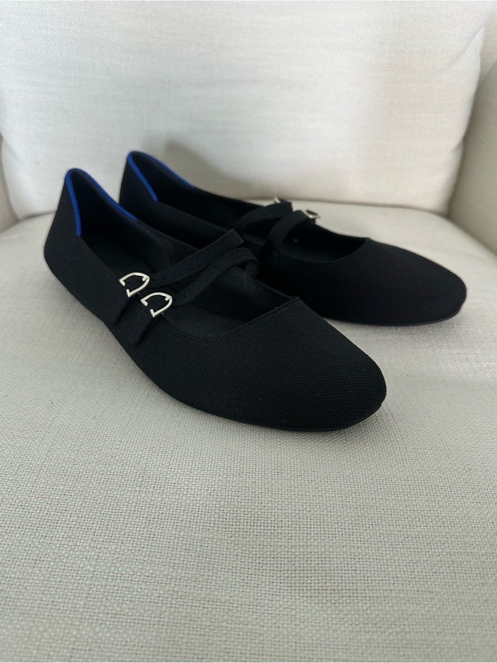 Rothy's Black Double-Strap Mary Jane Flats with Silver Buckles